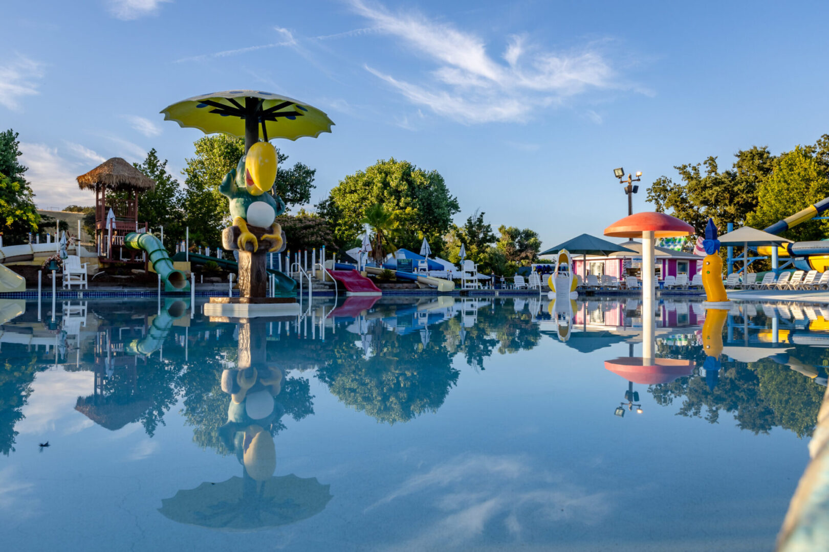 Water park with slides and reflections