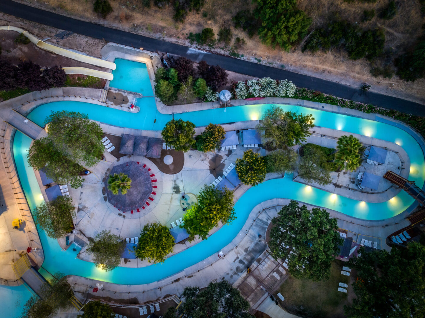 Aerial view of illuminated lazy river