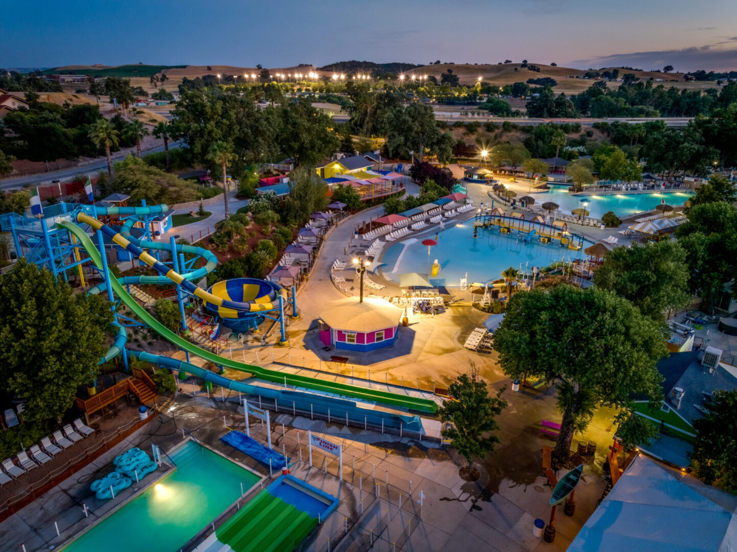 Aerial view of water park at dusk