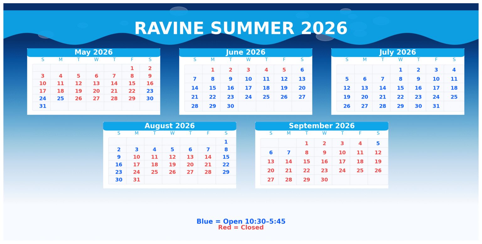 2026 summer calendar showing July to September with open and closed days.