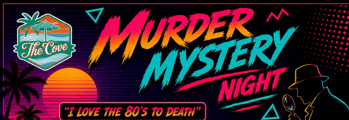 80s-themed murder mystery night advertisement.