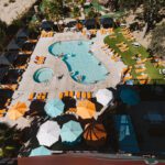 Aerial view of vibrant poolside scene.